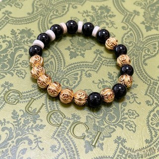 Gucci Interlocking G Onyx Pearl Bead Medallion Bracelet