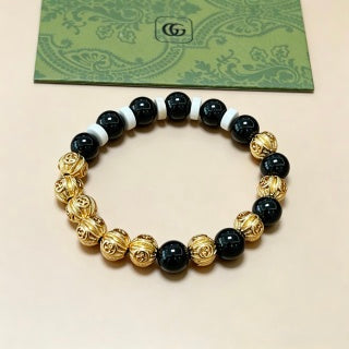 Gucci Interlocking G Onyx Pearl Bead Medallion Bracelet