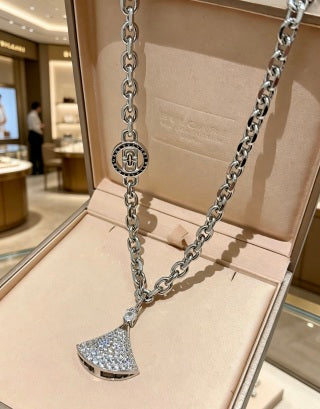 Bvlgari Silver Crystal Fan Pendant Necklace – Elegant Luxury Jewelry