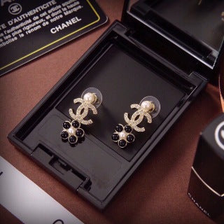 CHANEL Golden Pearl Blossom CC Drop Stud Earrings