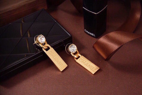 CHANEL Signature Tag Crystal Drop Earrings