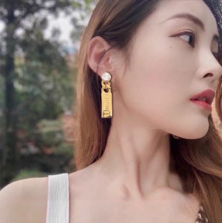 CHANEL Signature Tag Crystal Drop Earrings
