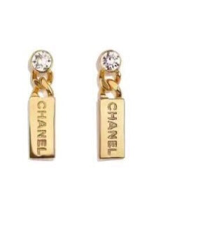 CHANEL Signature Tag Crystal Drop Earrings