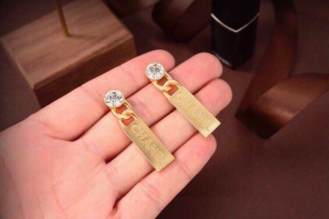CHANEL Signature Tag Crystal Drop Earrings