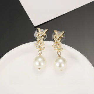 YSL Pearl Monogram Charm Drop Earrings