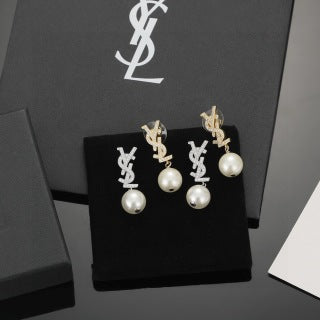 YSL Pearl Monogram Charm Drop Earrings