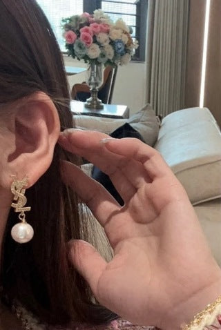 YSL Pearl Monogram Charm Drop Earrings