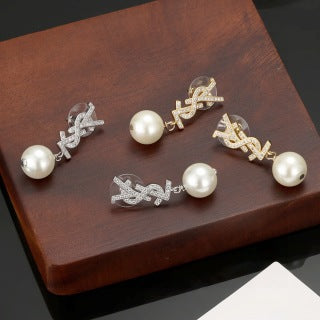 YSL Pearl Monogram Charm Drop Earrings