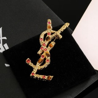 YSL Ruby Mosaic Monogram Brooch