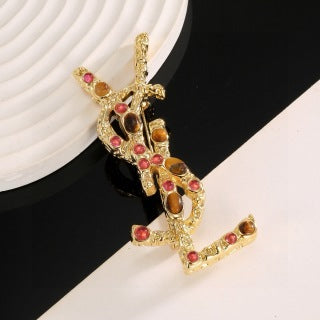 YSL Ruby Mosaic Monogram Brooch