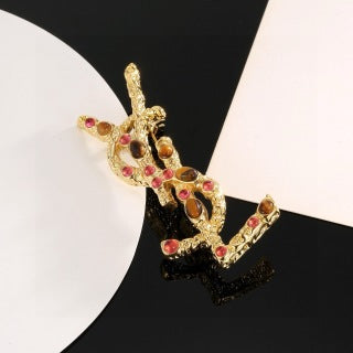 YSL Ruby Mosaic Monogram Brooch