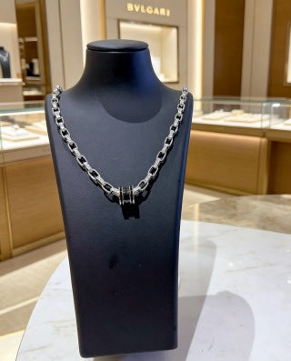 Bvlgari Silver Black Accent Geometric Chain Necklace – Elegant Luxury Jewelry