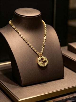 Gucci Circular Interlocking G Crystal Medallion Chain Necklace