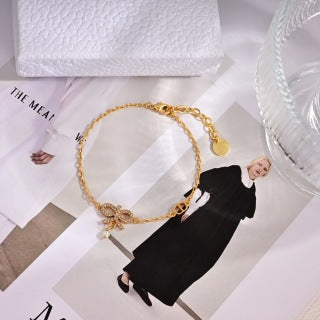 Dior Pearl Flower Charm Gold Chain Bracelet