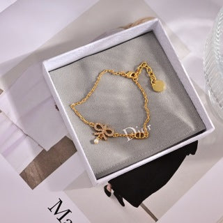 Dior Pearl Flower Charm Gold Chain Bracelet