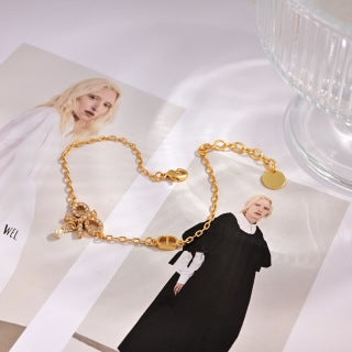 Dior Pearl Flower Charm Gold Chain Bracelet