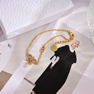 Dior Pearl Flower Charm Gold Chain Bracelet