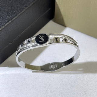 YSL Silver Emblem Crystal Cuff Bracelet