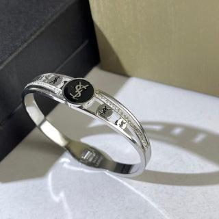 YSL Silver Emblem Crystal Cuff Bracelet