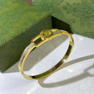 Gucci Interlocking G Rectangular Frame Crystal Line Cuff Bracelet