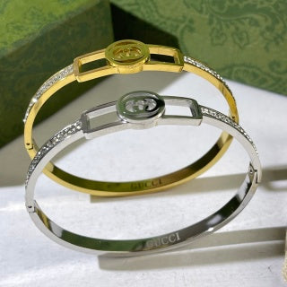 Gucci Interlocking G Rectangular Frame Crystal Line Cuff Bracelet