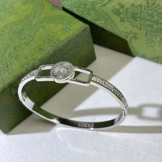 Gucci Interlocking G Rectangular Frame Crystal Line Cuff Bracelet