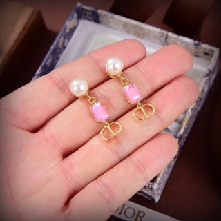 Dior Color Gemstone CD Pearl Drop Stud Earrings
