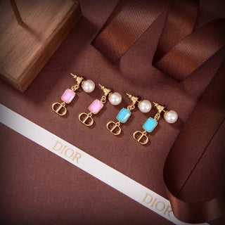 Dior Color Gemstone CD Pearl Drop Stud Earrings