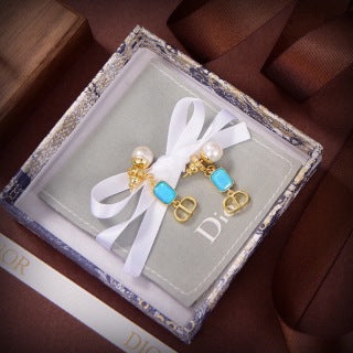 Dior Color Gemstone CD Pearl Drop Stud Earrings