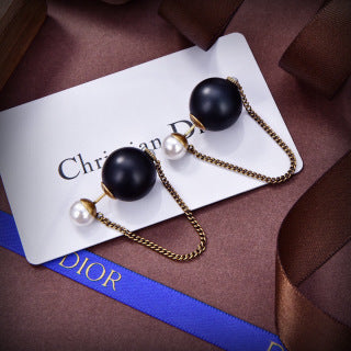 Dior Pearl Chain Black Bead Drop Stud Earrings