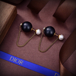 Dior Pearl Chain Black Bead Drop Stud Earrings
