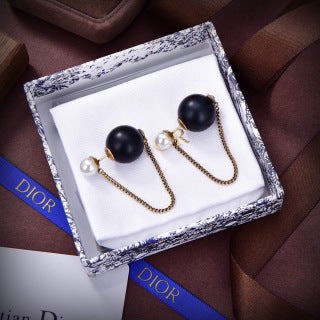 Dior Pearl Chain Black Bead Drop Stud Earrings