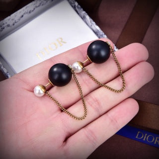 Dior Pearl Chain Black Bead Drop Stud Earrings