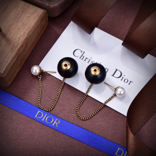 Dior Pearl Chain Black Bead Drop Stud Earrings