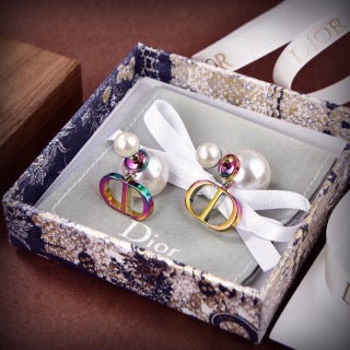 Dior Rainbow CD Pearl Drop Stud Earrings