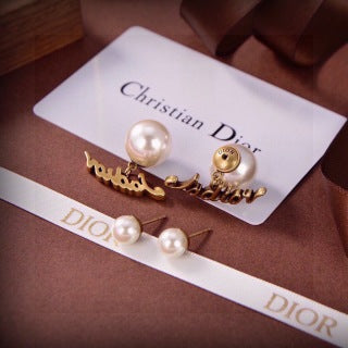 Dior J'Adior Pearl Logo Drop Stud Earrings