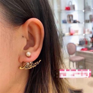Dior J'Adior Pearl Logo Drop Stud Earrings