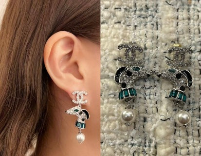 Chanel Silver Pearl Earrings with Dog Motif and Full Pavé Diamonds