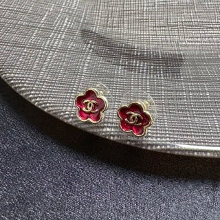 CHANEL Rouge Blossom Enamel Stud Earrings
