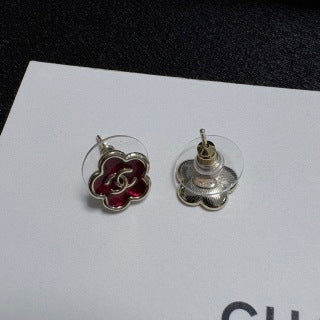 CHANEL Rouge Blossom Enamel Stud Earrings