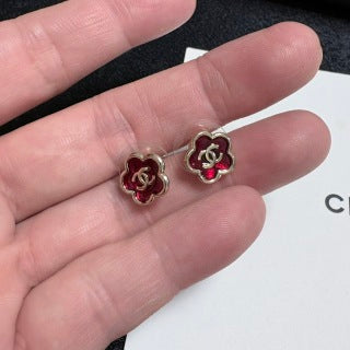 CHANEL Rouge Blossom Enamel Stud Earrings