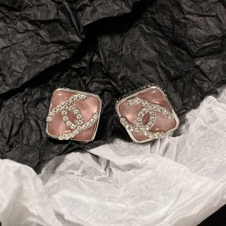 CHANEL Enamel Frame Square Stud Earrings