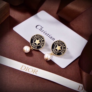 Dior Pearl Medallion Logo Drop Stud Earrings
