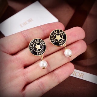 Dior Pearl Medallion Logo Drop Stud Earrings