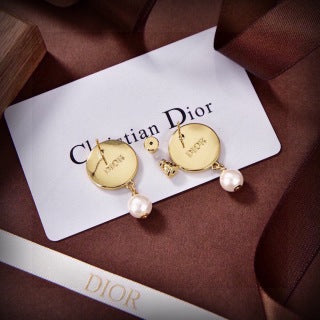 Dior Pearl Medallion Logo Drop Stud Earrings
