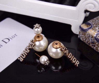 Dior Pearl Crystal Asymmetric Drop Stud Earrings