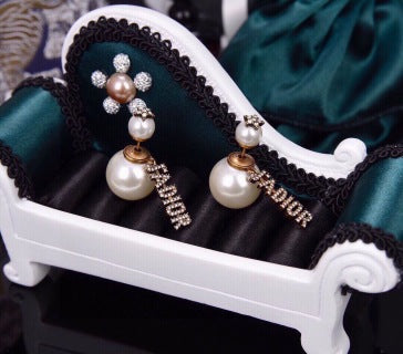 Dior Pearl Crystal Asymmetric Drop Stud Earrings