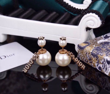 Dior Pearl Crystal Asymmetric Drop Stud Earrings