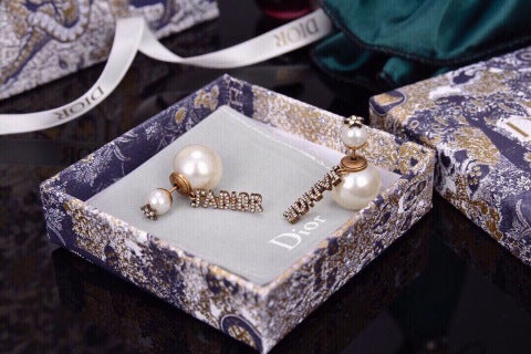 Dior Pearl Crystal Asymmetric Drop Stud Earrings