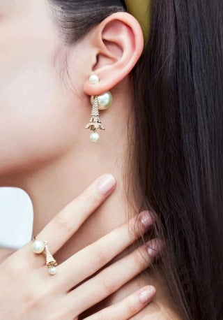 Dior Eiffel Pearl Crystal Drop Stud Earrings